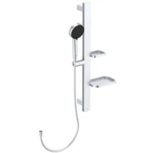 Brausekombination von Ideal Standard aus Aluminium mit Handbrause und zwei Ablagen in Silber. Design für wandmontierte Installation.
